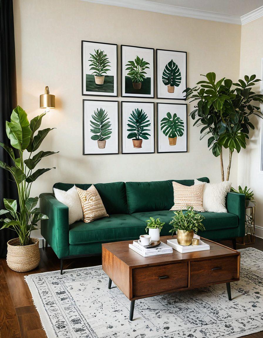 A cozy, inviting apartment interior showcasing affordable living solutions, including a stylish living room with budget-friendly furniture, plants, and warm lighting. On the wall, a large, informative lease agreement poster is displayed, emphasizing key tips for renters. A warm cup of coffee sits on a table, symbolizing comfort and affordability. The scene conveys a sense of value and practicality. super-realistic. vibrant colors. soft lighting.