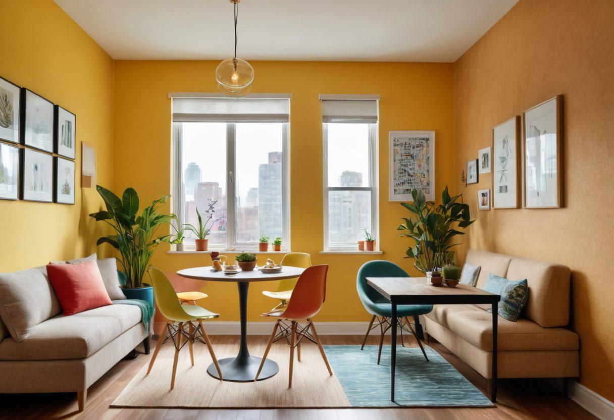 A cozy budget-friendly apartment interior with modern furnishings, a small dining area with a table set for two, vibrant houseplants, and a window showcasing a bright city skyline. Include a wall with a cork board displaying rental listings and tips for budget living, and warm lighting to create an inviting atmosphere. super-realistic. vibrant colors. modern style.