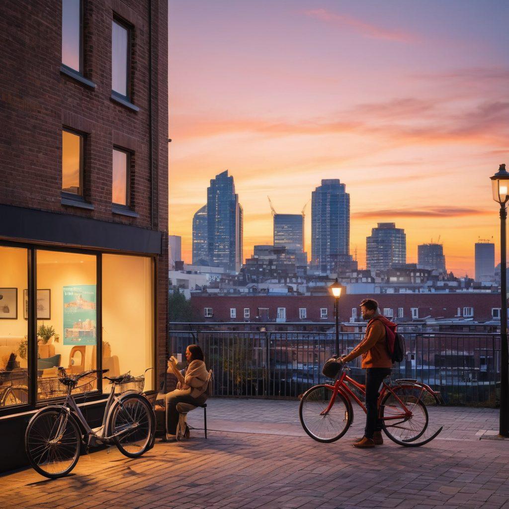 A modern city skyline at dusk, showcasing a diverse range of affordable flats with large windows, some with 'For Rent' signs visible. A couple is happily discussing options on a smartphone with a digital map in hand, while a bicycle leans against a nearby lamppost. The atmosphere is inviting and energetic, hinting at a vibrant rental market. super-realistic. vibrant colors. sunset glow.